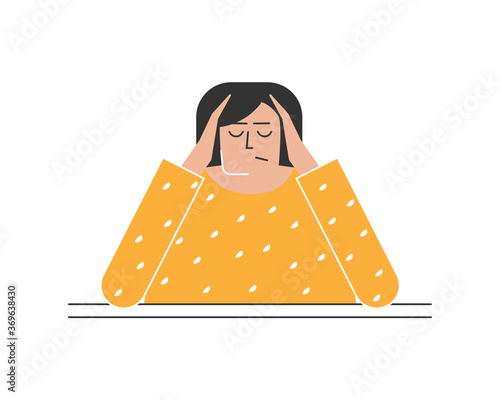 Vector isolated illustration. Flat concept about feeling trouble. Sad woman is sitting at table, resting her head on hands. She has stressful facial expression. Problem with mental health, depression