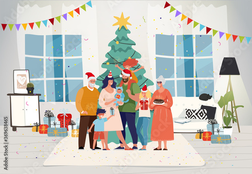 Family together at home for christmas. Happy family celebrate New Year with children and grandparents. Decorated Christmas tree in the room. Festive interior and characters. Flat vector illustration.