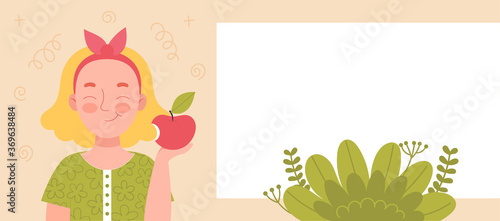 Cute smiling girl eating an apple. School snack, healthy food, fruit diet, vitamins for children. banner for web site. Spase for text,template.Flat vector cartoon stock illustration