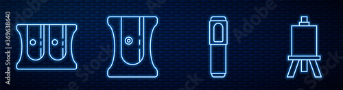 Set line Marker pen, Pencil sharpener, Pencil sharpener, Easel or painting art boards and Graphic tablet. Glowing neon icon on brick wall. Vector.