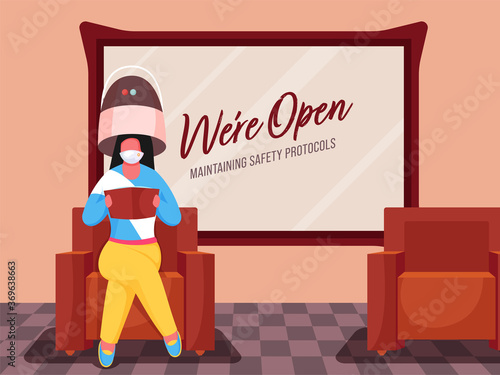 We're Open Maintaining Safety Protocols Message on Wall Board OR Mirror and Woman Wearing Hair Bonnet Dryer at Sofa.