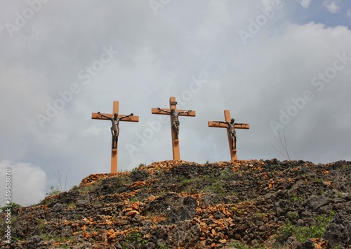 The replica of the crucifixion of Jesus in Golgota during the pilgrimage to the cave of Maria, Gunung Kidul, Yogyakarta photo