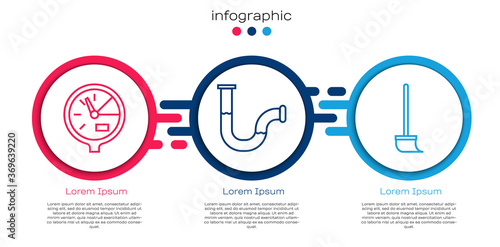 Set line Water meter, Industry metallic pipe and Mop. Business infographic template. Vector.