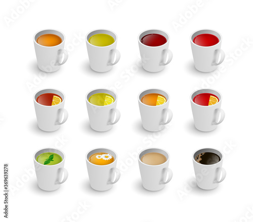 Realistic 3d cup of hot aromatic beverage set. A teacup with green, black, herbal chamomile tea, rooibos red tea, with lemon, mint, Masala tea with milk, coffee isometric view. Vector illustration