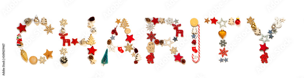 Colorful Christmas Decoration Letter Building English Word Charity. Festive Ornament Like Christmas Tree, Star And Ball. White Isolated Background