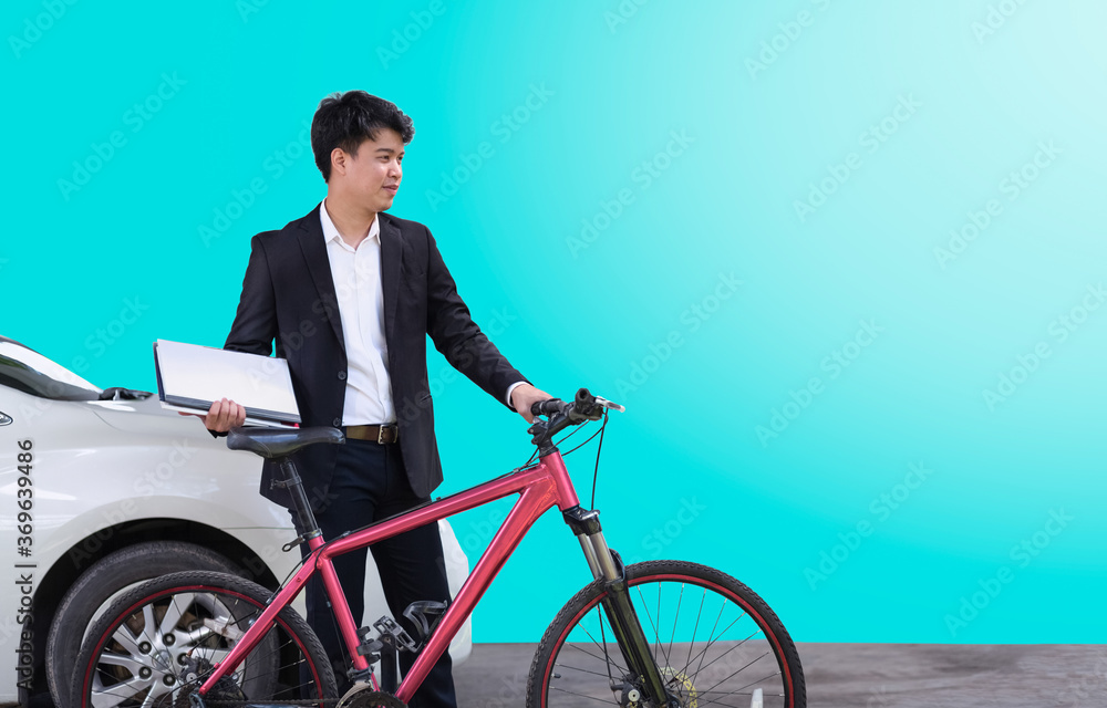 Businessman go to work with bicycle on Car Free Day in the City Businessman go to work with bicycle on Car Free Day in the City