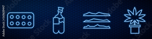Set line Cocaine or heroin drug, Pills in blister pack, Bong for smoking marijuana and Marijuana or cannabis plant in pot. Glowing neon icon on brick wall. Vector.