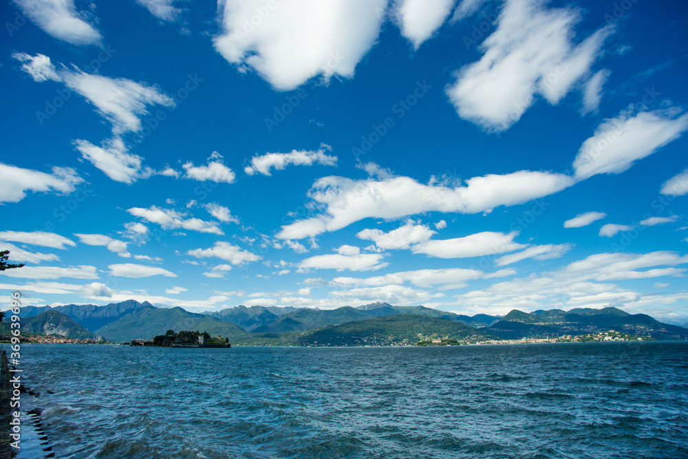 panorama of lake maggiore with beautiful island in the distance