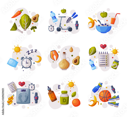 Healthy Diet, Outdoor Activity, Fitness Exercises Set, Sports Equipment, Nutritious Healthy Food Cartoon Style Vector Illustration