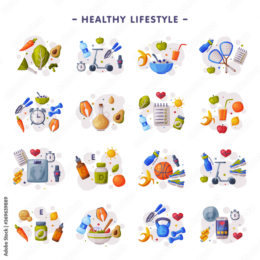 Healthy Lifestyle Set, Fitness and Sports Equipment, Proper Nutrition, Dieting Cartoon Style Vector Illustration