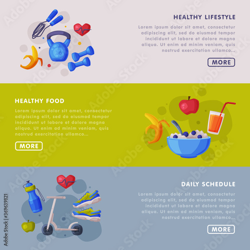 Healthy Lifestyle, Food, Daily Schedule Landing Page Templates Set, Proper Nutrition Food, Fitness and Sport Cartoon Style Vector Illustration