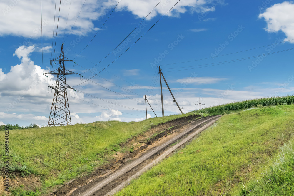 Landscape overlooking the mountains with road and electricity in the village of Bayrak Kharkiv region