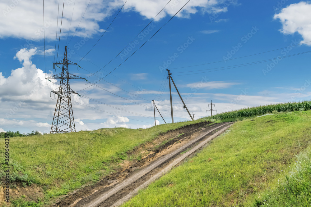 Landscape overlooking the mountains with road and electricity in the village of Bayrak Kharkiv region Landscape overlooking the mountains with road and electricity in the village of Bayrak Kharkiv region
