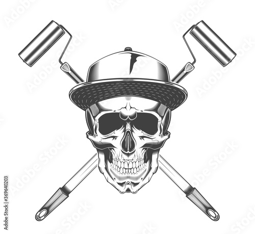 Vintage monochrome skull with baseball cap and crossed paint roller illustration. Isolated vector template
