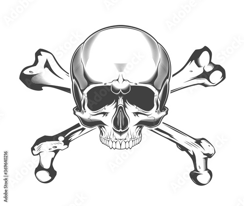 Vintage monochrome skull with crossbones isolated vector illustration