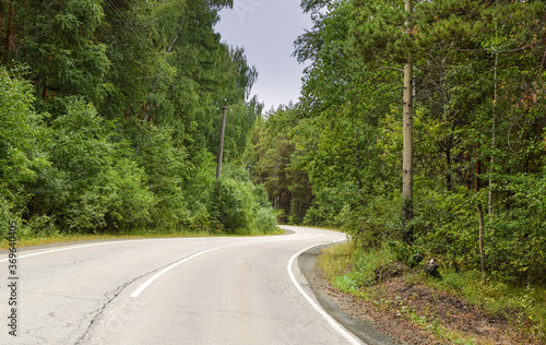 Empty twisting road. Dangerous turn of the road in the forest.Beautiful forest landscape. © Natalya