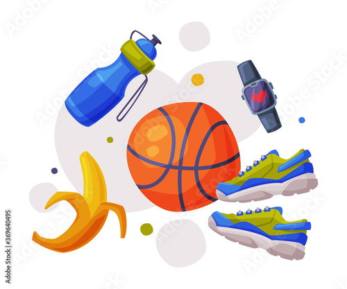 Healthy Lifestyle Objects, Sports Equipment, Nutritious Food, Athletic Shoes, Smartwatch Cartoon Style Vector Illustration