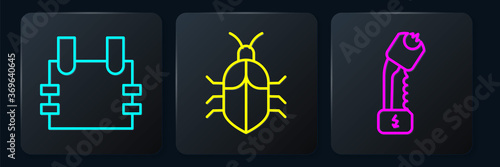 Set line Bulletproof vest, Police electric shocker and System bug concept. Black square button. Vector.