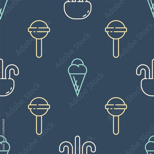 Set line Jellyfish, Lollipop and Ice cream in waffle cone on seamless pattern. Vector.