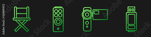 Set line Cinema camera, Director movie chair, Remote control and USB flash drive. Gradient color icons. Vector.