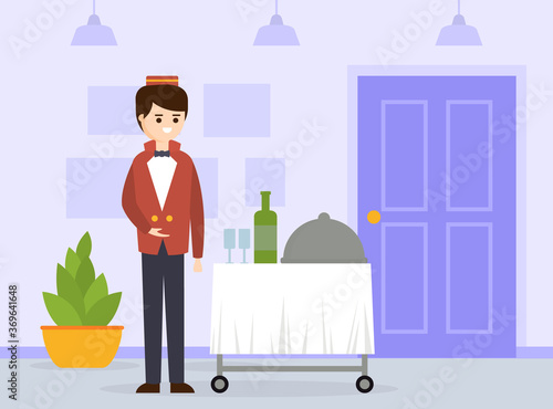 Room Service Employee Pushing Delivering Cart with Restaurant Cloche and bottle of Wine, Hotel Staff Character Cartoon Vector Illustration