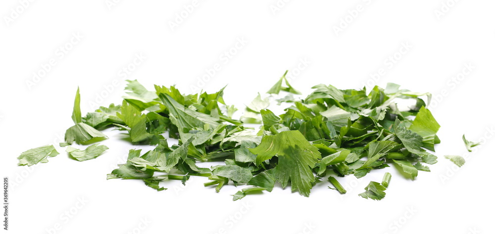 Fresh chopped up celery leaves pile isolated on white background Fresh chopped up celery leaves pile isolated on white background