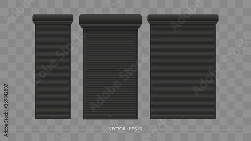 Vector realistic set of closed door or window rollers. Black metal blinds.