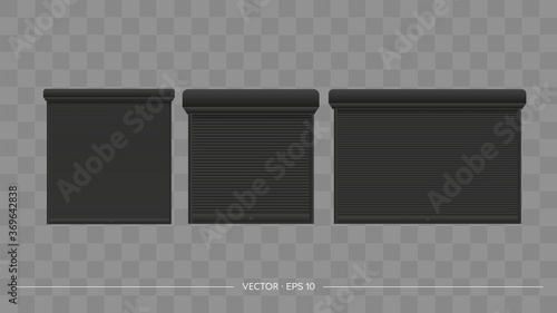 Vector realistic set of closed door or window rollers. Black metal blinds.