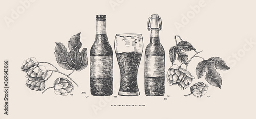 Hand-drawn bottles, glass of beer, leaves, cones hop on light isolated background. Botanical vector illustration. Label design element, packaging for the production of craft beer in retro style.
