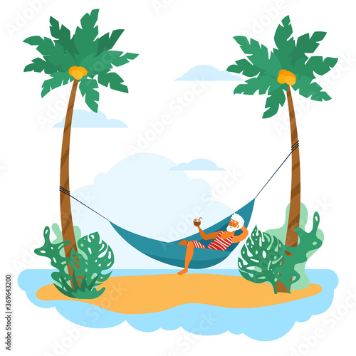 Elderly swarthy man relax in hammock among palms
