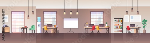 Office interior. Modern workplace with furniture chair, desk and computer, working environment empty workspace freelance coworking, vector flat cartoon horizontal background