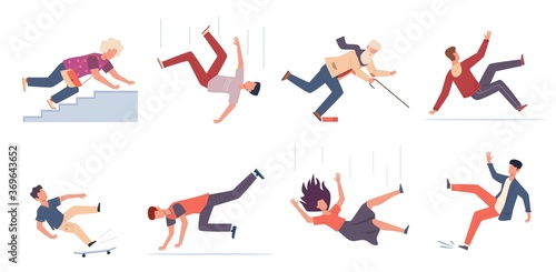 Falling down people. People of different ages stumbling and jumping down stairs, slipping wet floor, injured men, women, children vector set