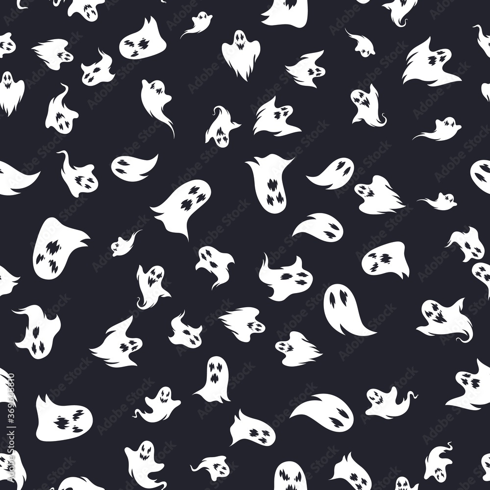 Ghosts seamless pattern. Halloween abstract spooky spirits with faces on dark background, creative design textile, wrapping, wallpaper vector texture for holidays