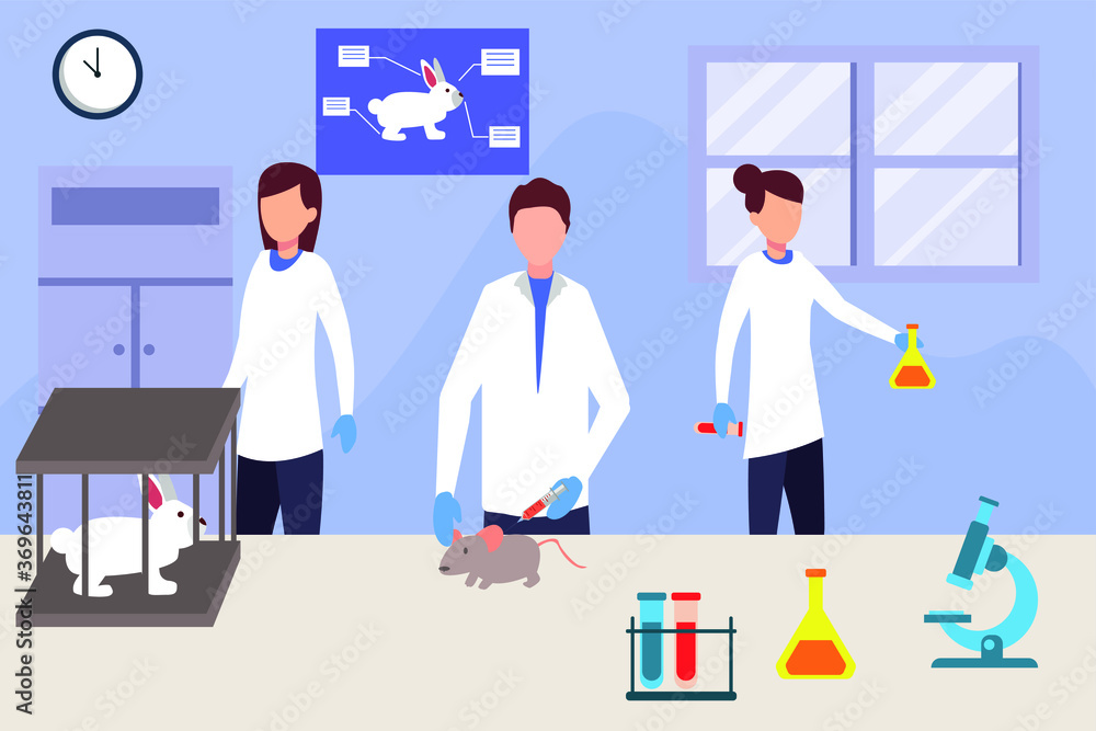 Animal testing vector concept: portrait of scientist group doing experiment on rabbit and rat Animal testing vector concept: portrait of scientist group doing experiment on rabbit and rat