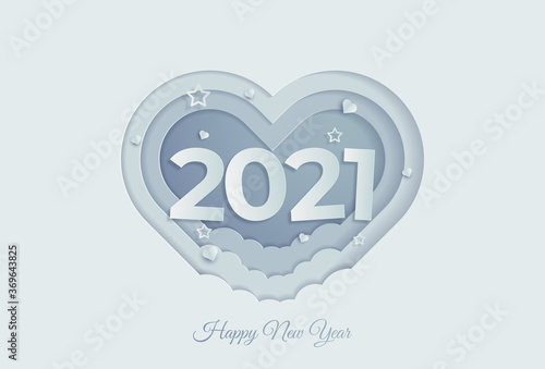 2021 New Year’s card love background, vector illustration. Paper cut style.