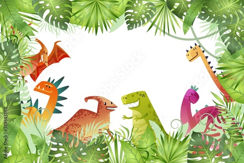 Jungle background. Funny dinosaurs on rainforest background, animal dragon and cute nature reptile, childish bright empty frame or border template, vector cartoon illustration