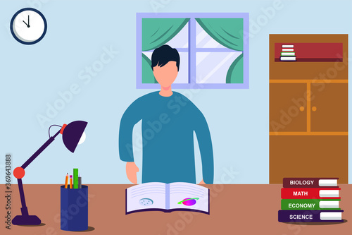 Entomology study vector concept: portrait of teen boy studying preserved insects