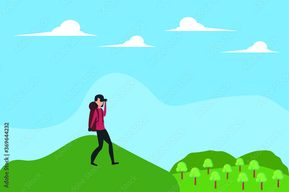 Hiking vector concept: woman peeking distantly with her binoculars while hiking at the hills