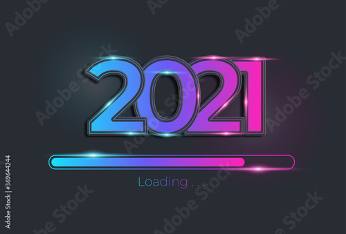 Happy new year 2021 with loading blue neon style. Progress bar almost reaching new year's eve. Vector illustration with 2021 loading. Isolated or dark light blue and pink background