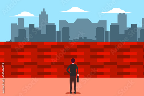 Business obstacle vector concept: back view of unidentified businessman facing the brick wall