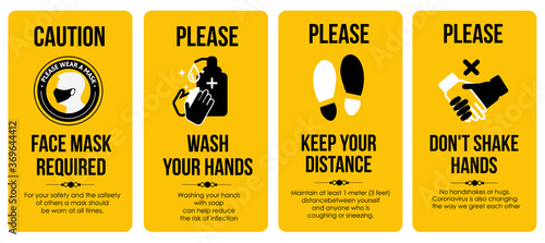Sign Poster Templates. Caution Card. Face mask required. Please Wash your hands. Keep your distance. Don't shake hands. For the bathroom, toilet, where a lot of people gather. 