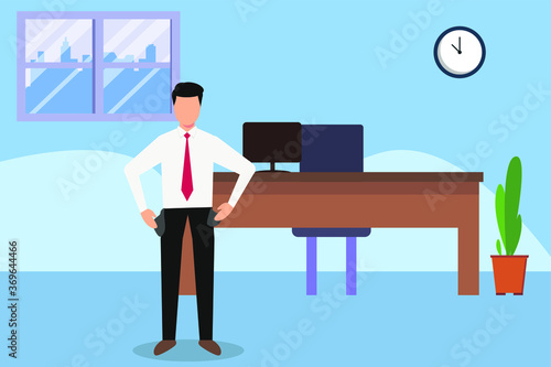 Broke vector concept: businessman showing his empty pocket at office