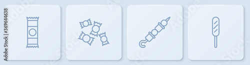 Set line Chocolate bar, Grilled shish kebab, Candy and Corn dog. White square button. Vector.
