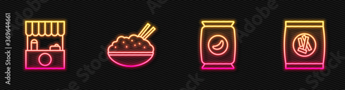 Set line Bag or packet potato chips, Street stall with awning, Rice bowl chopstick and Hard bread chucks crackers. Glowing neon icon. Vector.