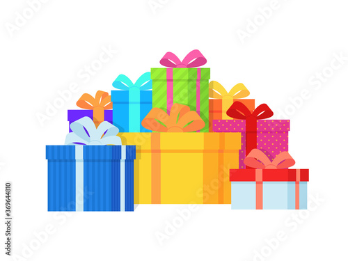 Gift box pile. Color gift boxes with bright ribbon and bow, lots of wrapped presents, christmas stylish wrap, holiday symbol vector concept