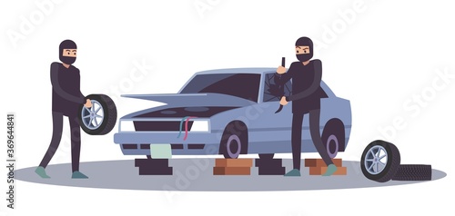 Robbery banditry looting. Thieves men take apart car, crime damage, destruction of another property, burglar remove wheels, breaking into automobile cartoon flat vector illustration