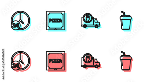 Set line Fast delivery by car, Clock 24 hours, Pizza in cardboard box and Coffee cup to go icon. Vector.