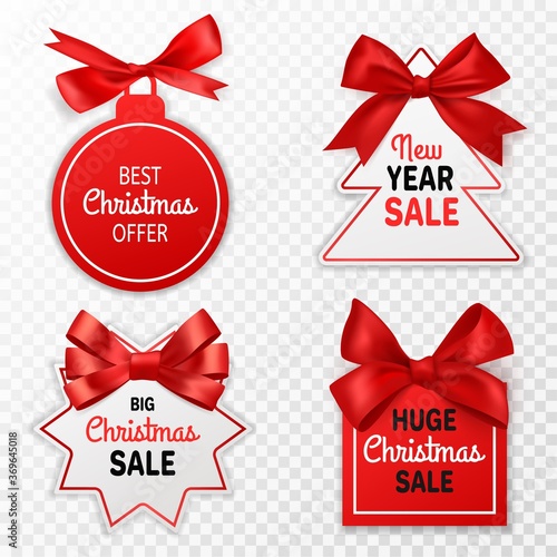 Christmas sale labels. Holidays discount price tags with red bows, promotion marketing winter event, signage stickers or coupon vector isolated set