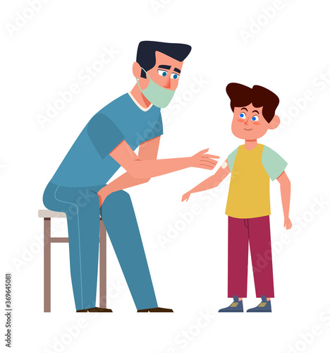 Kids vaccination. Doctor in medical mask and child, children clinic, preventing infections and building immunity, protection from disease vector medical concept
