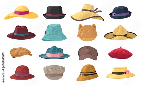 Cartoon hats. Stylish man and woman headwear set, vintage classic and modern head accessory, summer or autumn, gentleman or lady hat, cortoon vector elements
